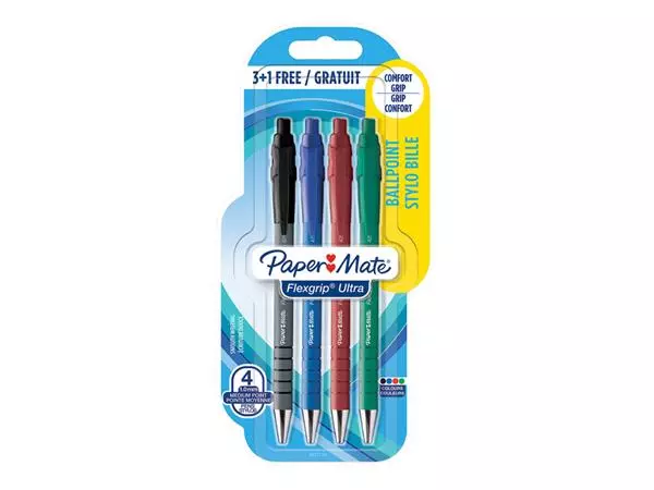 Een Balpen Paper Mate Flexgrip Ultra medium assorti blister 3+1 gratis koop je bij Goedkope Kantoorbenodigdheden