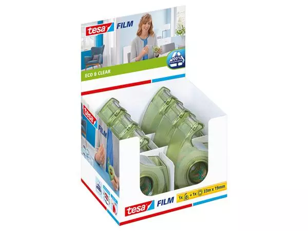 Plakband handdispenser tesafilm® eco & clear 33mx19mm + Easy Cut hand ecoLogo®