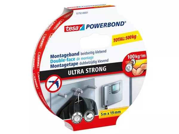 Een Montagetape tesa® Powerbond Ultra strong dubbelzijdig 5mx19mm wit koop je bij KantoorProfi België BV