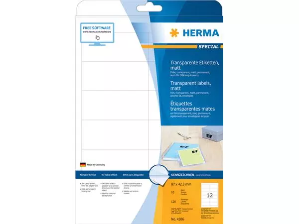 Een Etiket HERMA 4586 97x42.3mm weerbestendig transparant mat 120stuks koop je bij Van Hoye Kantoor BV