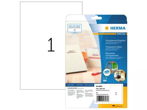 Een Etiket HERMA 8964 210x297mm transparant glanzend 10stuks koop je bij Totaal Kantoor Goeree