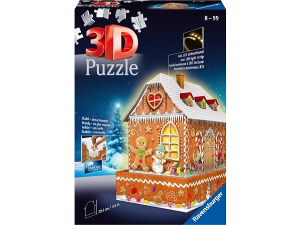 Een 3D puzzel Ravensburger Kerst Gingerbread House Night Edition 216 stukjes koop je bij Totaal Kantoor Goeree