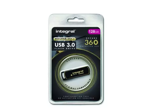 Een USB-stick Integral 3.0 Secure 360 128GB zwart koop je bij Buro De Peuter