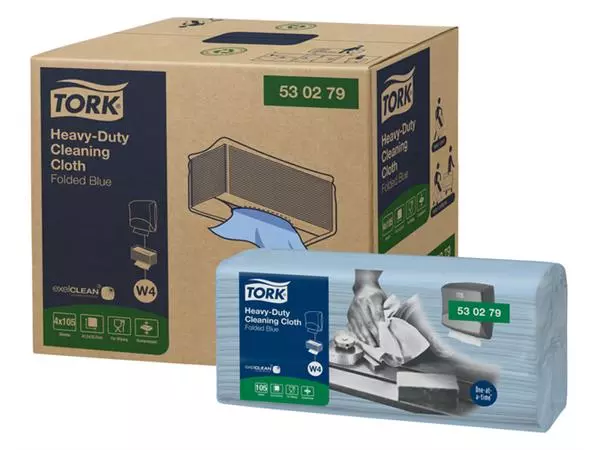 Een Reinigingsdoek Tork Heavy-Duty W4 gevouwen absorberend 105 vel blauw 530279 koop je bij Kantoorvakhandel van der Heijde