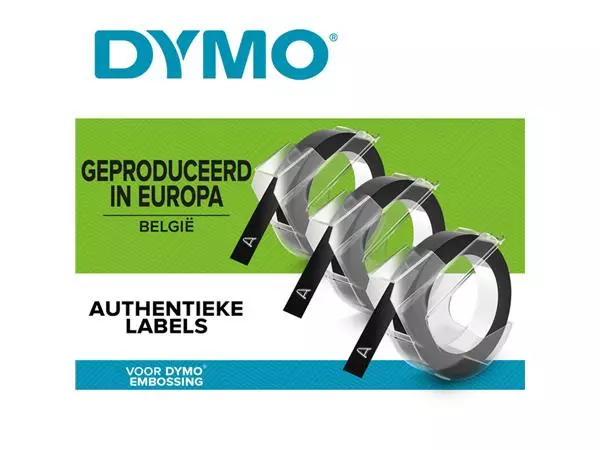 Een Reliëftape Dymo embossing plastic 9mm zwart op wit 3 stuks koop je bij Buro De Peuter