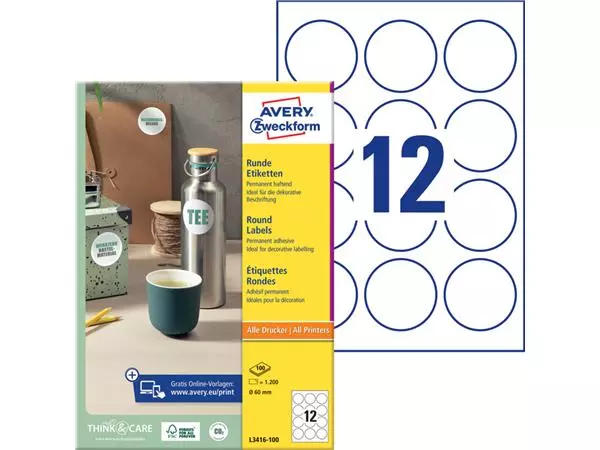 Een Etiket Avery Zweckform L3416 rond 60mm wit 1200stuks koop je bij NiceSupplies.nl