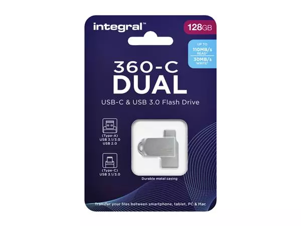 Een USB-STICK INTEGRAL 3.0 USB-360-C DUAL 128GB koop je bij Kantoorvakhandel van der Heijde