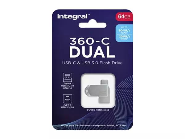 Een USB-stick Integral 3.0 USB-360-C Dual 64GB koop je bij NiceSupplies.nl