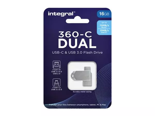 Een USB-STICK INTEGRAL 3.0 USB-360-C DUAL 16GB koop je bij Kantoorvakhandel van der Heijde