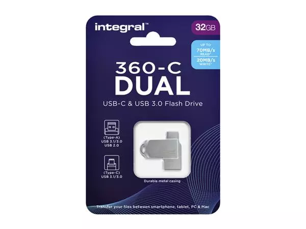 Een USB-STICK INTEGRAL 3.0 USB-360-C DUAL 32GB koop je bij Kantoorvakhandel van der Heijde