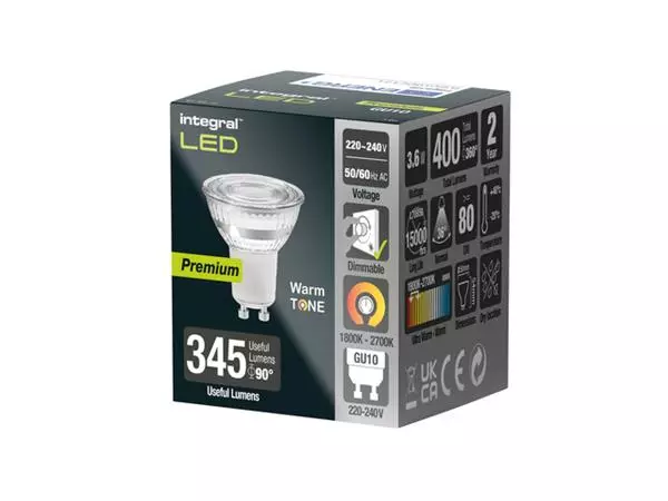 Een LEDLAMP INTEGRAL GU10 1800-2700K WARM 3.6W 380LUM koop je bij Kantoorvakhandel van der Heijde