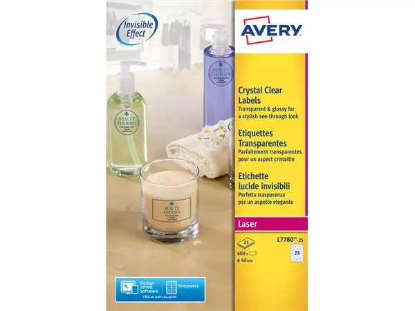 Een Etiket Avery L7780-25 rond 40mm transparant 600stuks koop je bij Kantoorvakhandel van der Heijde