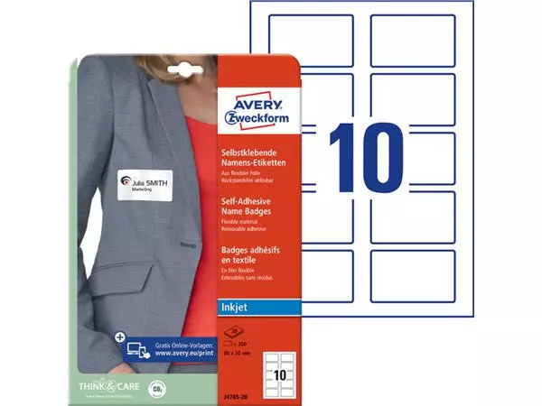 Een Badge Avery Zweckform J4785-20 80x50mm wit 200stuks koop je bij NiceSupplies.nl