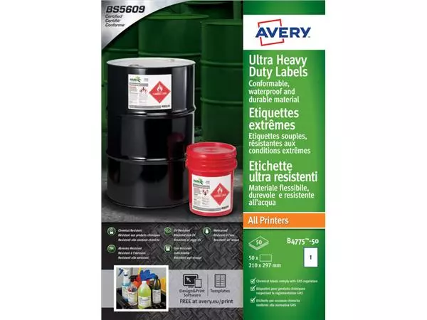 Een Etiket Avery B4775-50 210x297mm polyethyleen wit 50stuks koop je bij MV Kantoortechniek B.V.