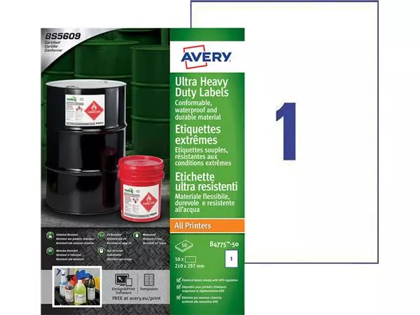 Een Etiket Avery B4775-50 210x297mm polyethyleen wit 50stuks koop je bij NiceSupplies.nl