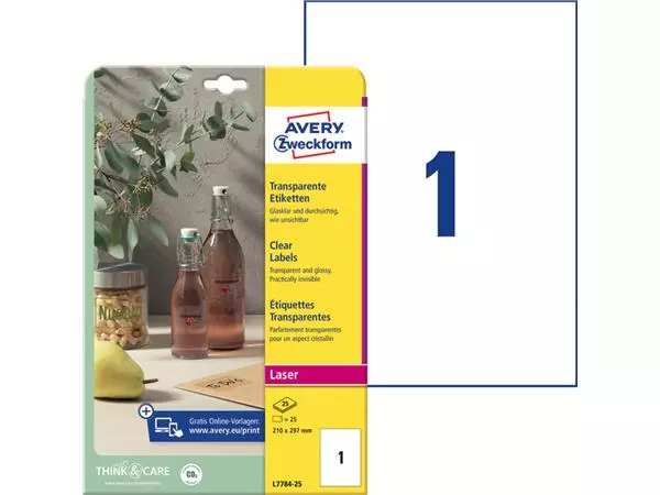 Een Etiket Avery Zweckform L7784-25 210x297mm transparant 25stuks koop je bij NiceSupplies.nl