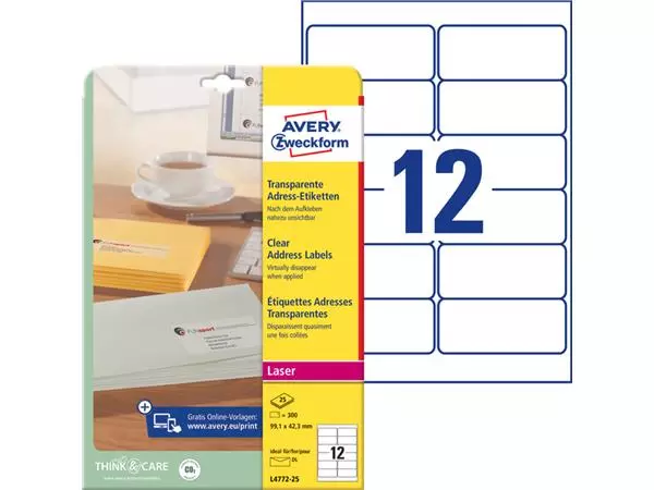 Een Etiket Avery Zweckform L4772-25 99.1x42.3 mm transparant mat 300stuks koop je bij NiceSupplies.nl