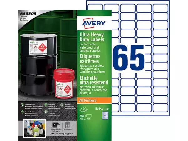 Een Etiket Avery B7651-50 38x21mm polyethyleen wit 3250stuks koop je bij Kantoorvakhandel van der Heijde