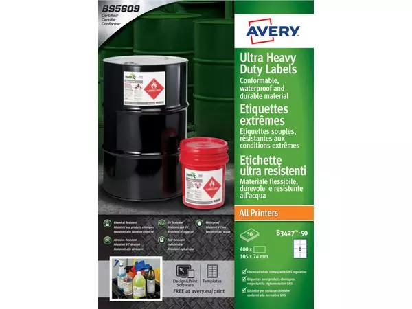 Een Etiket Avery B3427-50 105x74mm polyethyleen wit 400stuks koop je bij KantoorProfi België BV