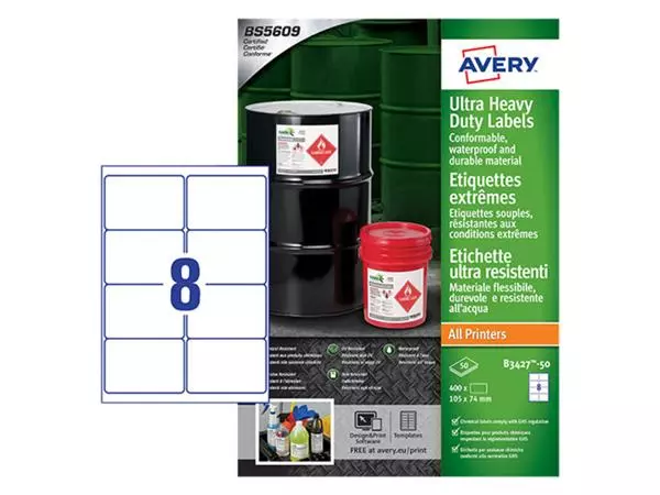 Een Etiket Avery B3427-50 105x74mm polyethyleen wit 400stuks koop je bij NiceSupplies.nl