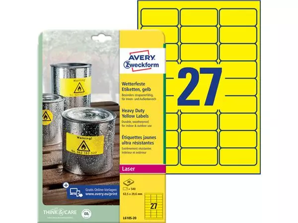 Een Etiket Avery Zweckform L6105-20 63.5x29.6mm geel 540stuks koop je bij NiceSupplies.nl