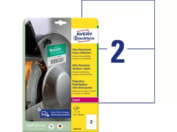 Een Etiket Avery Zweckform L7916-10 210x148mm polyethyleen wit 20stuks koop je bij NiceSupplies.nl