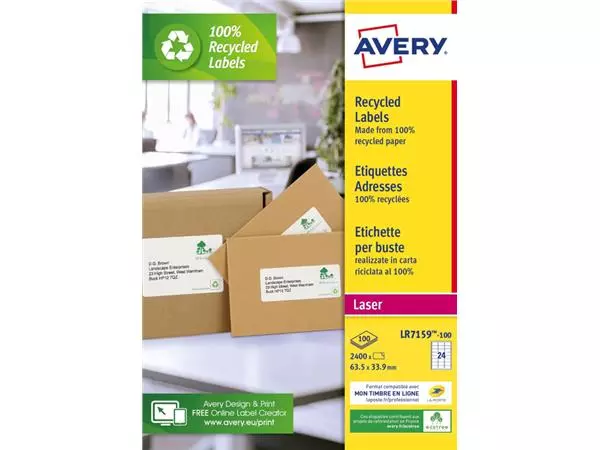 Een Etiket Avery LR7159-100 33.9x63.5mm recycled wit 2400stuks koop je bij KantoorProfi België BV