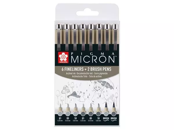 Een Fineliner en brushpen Sakura Pigma Micron koudgrijs set à 8 stuks assorti koop je bij Totaal Kantoor Goeree