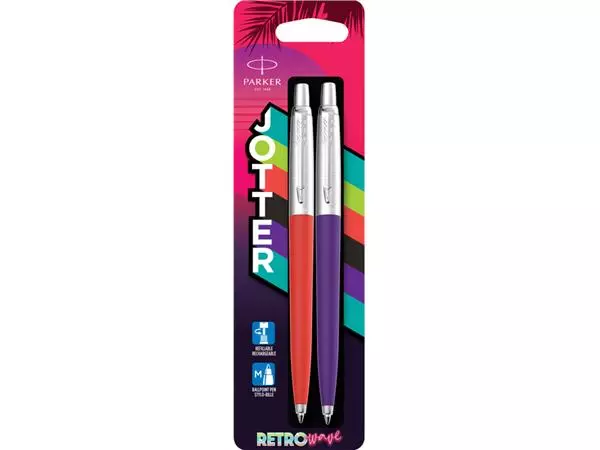 Een Balpen Parker Jotter Original 80's Retrowave duo paars en oranje CT medium blister à 2 stuks koop je bij KantoorProfi België BV