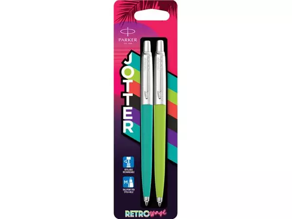 Buy your Balpen Parker Jotter Original 80's Retrowave duo turquoise en appelgroen CT medium blister à 2 stuks at QuickOffice BV