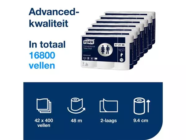 Een Toiletpapier Tork T4 advanced 2-laags 400vel wit 472168 koop je bij Unimark Office B.V.