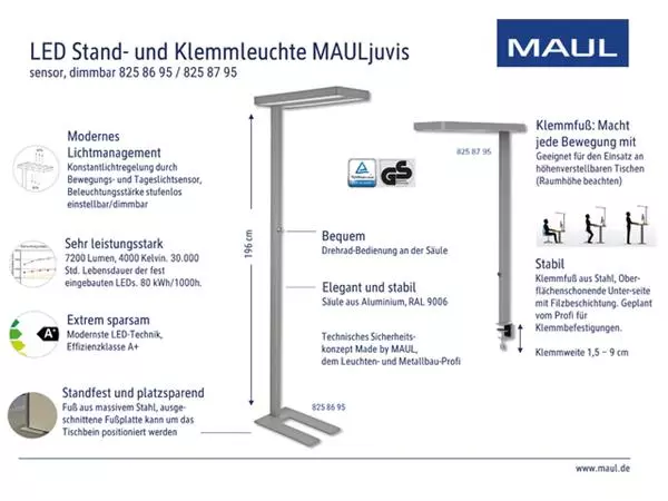 Een Werkpleklamp tafelklem MAUL Juvis LED beweging- daglichtsensor dimbaar hg 120cm zilver koop je bij L&N Partners voor Partners B.V.