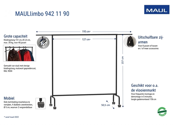 Een Garderoberek MAUL Limbo 156x127(tot 220)x50cm mobiel (zijarmen) koop je bij Goedkope Kantoorbenodigdheden