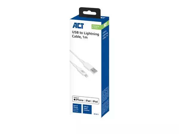 Een Kabel ACT USB 2.0 naar Lightning laad -en data 1 meter koop je bij L&N Partners voor Partners B.V.