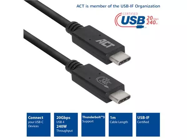 Een Kabel ACT USB-C USB 4 20Gbps Thunderbolt3 1 meter koop je bij Goedkope Kantoorbenodigdheden