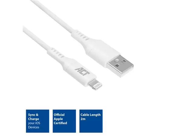 Een Kabel ACT USB 2.0 naar Lightning laad -en data 2 meter koop je bij NiceSupplies.nl