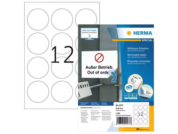 Buy your Etiket HERMA 4477 rond 60mm verwijderbaar wit 1200 etiketten at QuickOffice BV