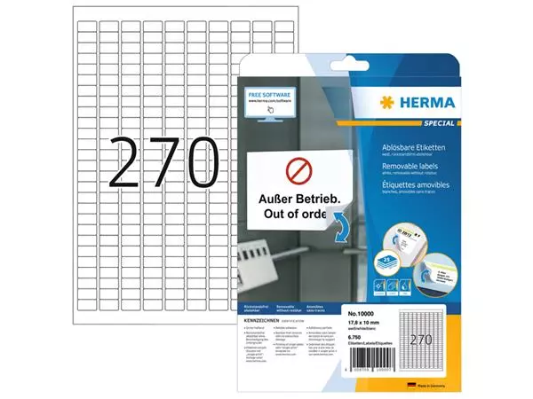 Een Etiket HERMA 10000 17.8x10mm verwijderbaar wit 6750 etiketten koop je bij KantoorProfi België BV