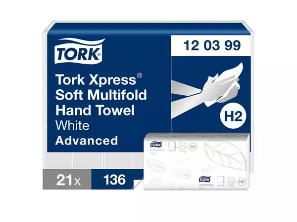 Een Handdoek Tork Xpress H2 Multifold advanced 2-laags wit 120399 koop je bij Van Hoye Kantoor BV