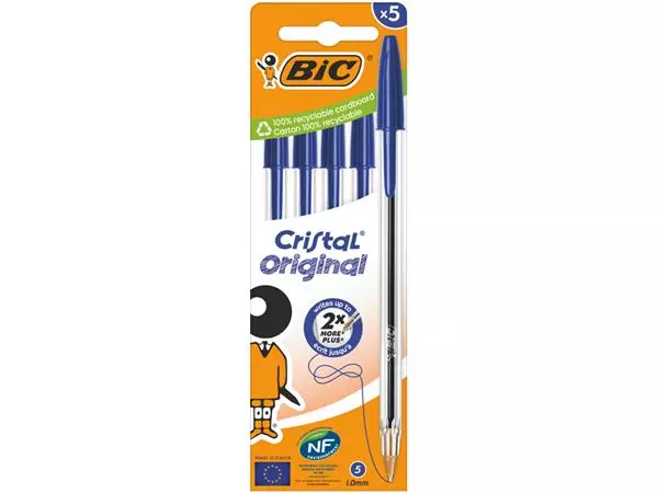 Een Balpen Bic Cristal medium blauw blister à 5 stuks koop je bij Van Hoye Kantoor BV