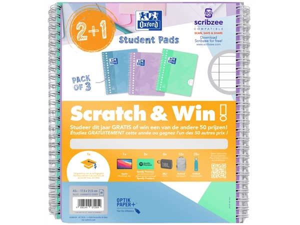 Buy your Collegeblok Oxford School A5+ lijn 17-gaats 160 pagina's 80gr pastel scratch&win assorti at QuickOffice BV