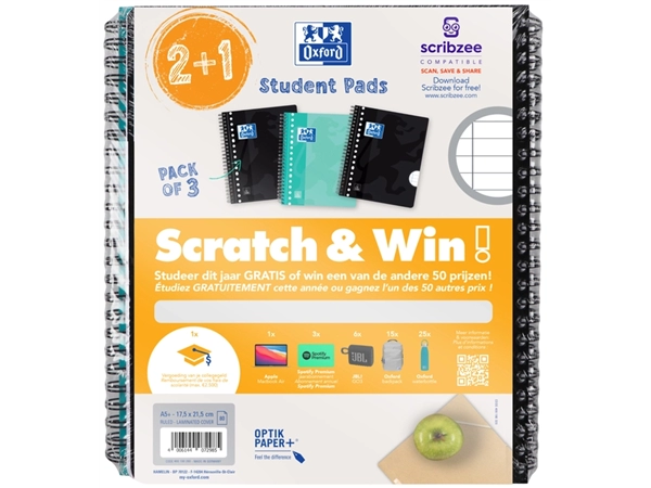 Collegeblok Oxford School A5+ lijn 17-gaats 160 pagina's 80gr scratch&win assorti 3 stuks