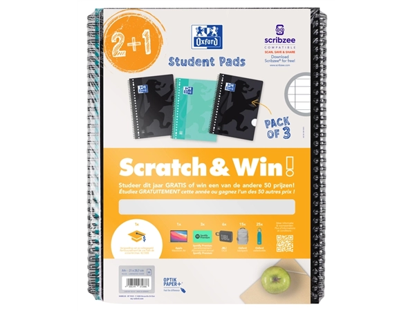 Een Collegeblok Oxford School A4+ lijn 23-gaats 160 pagina's 80gr scratch&win assorti voordeelpak koop je bij Van Hoye Kantoor BV