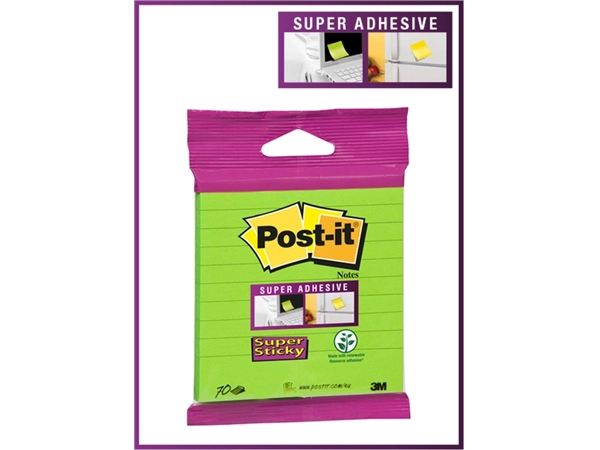 Memoblok 3M Post-it XL-LL Super Sticky 101mmx101mm groen met lijn 70 vel