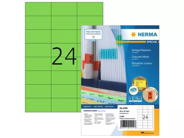 Een Etiket HERMA 4409 70x37mm groen 2400 etiketten koop je bij KantoorProfi België BV