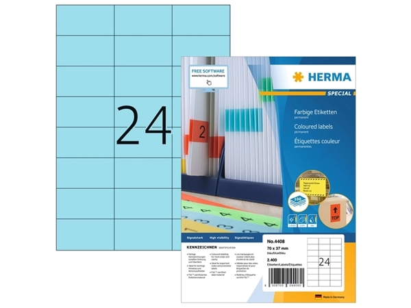 Een Etiket HERMA 4408 70x37mm blauw 2400 etiketten koop je bij The Cartridge Company