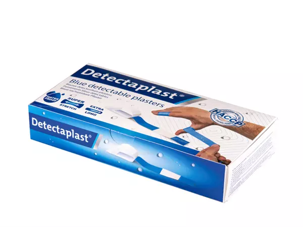 Een Waterafstotende blauwe pleister Detectaplast 180x20mm 100 stuks koop je bij NiceSupplies.nl