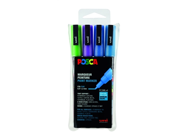 Een Verfstift Posca PC3M fijn glitter koel assorti set à 4 stuks koop je bij NiceSupplies.nl