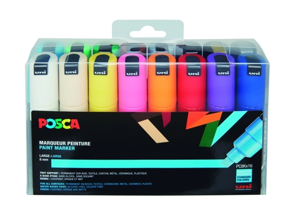 Een Verfstift Posca PC8K breed schuin assorti set à 16 stuks koop je bij NiceSupplies.nl