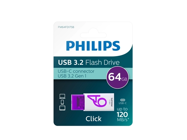 Een USB Stick Philips Click USB-C 64GB Magic Purple koop je bij MV Kantoortechniek B.V.